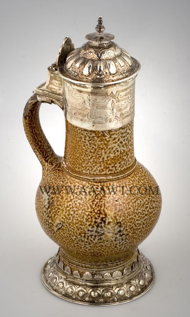 Silver Mounted Tiger Ware Jug, Salt Glazed, Elizabethan
Germany
16th Century
Elaborate silver mountings, entire view